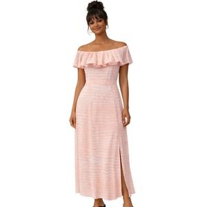BCBG Paris Off Shoulder Maxi Dress XS Peach White Sandy Dots Ruffle Slit NWT